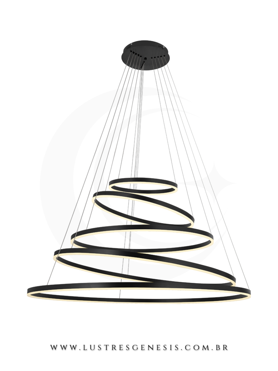 Lustre pendente moderno de LED com cinco anéis em espiral, ideal para pé direito duplo. Lustres Gênesis Site online venda de Lustres e Iluminação